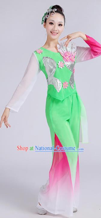 Chinese Folk Dance Green Outfits Umbrella Dance Clothing Fan Dance Stage Performance Costume