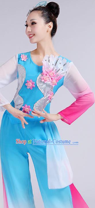 Chinese Fan Dance Stage Performance Costume Folk Dance Blue Outfits Umbrella Dance Clothing