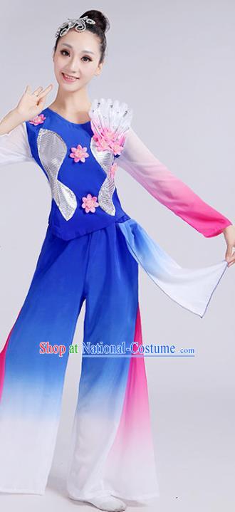 Chinese Umbrella Dance Clothing Fan Dance Stage Performance Costume Folk Dance Royalblue Outfits