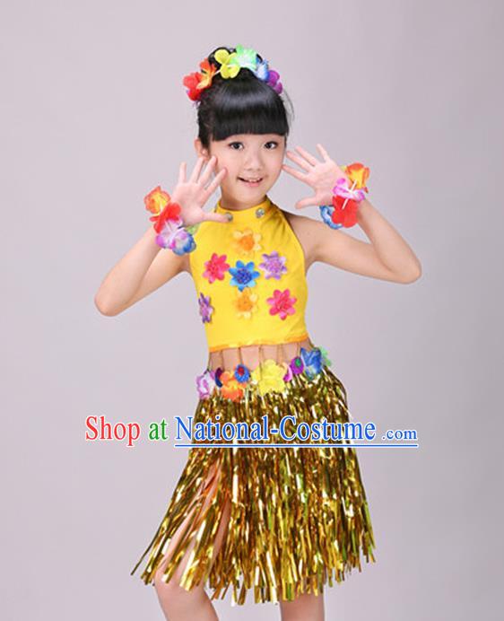 Top Stage Performance Clothing Children Day Dance Yellow Outfits Hawaiian Dance Dress