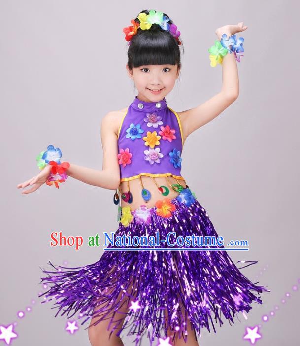 Top Hawaiian Dance Dress Stage Performance Clothing Children Day Dance Purple Outfits