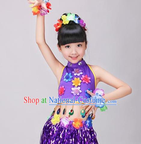 Top Hawaiian Dance Dress Stage Performance Clothing Children Day Dance Purple Outfits