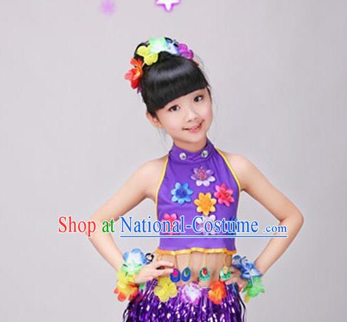 Top Hawaiian Dance Dress Stage Performance Clothing Children Day Dance Purple Outfits