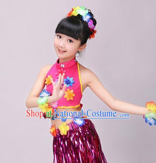 Top Children Day Dance Rosy Outfits Hawaiian Dance Dress Stage Performance Clothing