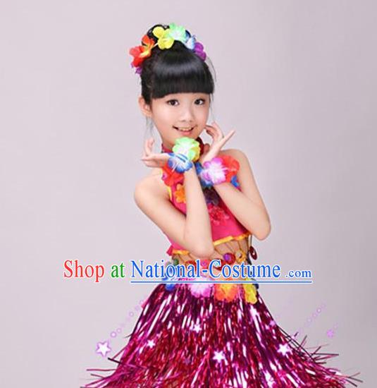 Top Children Day Dance Rosy Outfits Hawaiian Dance Dress Stage Performance Clothing