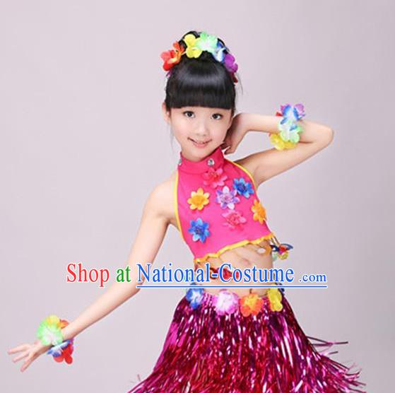 Top Children Day Dance Rosy Outfits Hawaiian Dance Dress Stage Performance Clothing