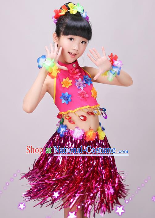 Top Children Day Dance Rosy Outfits Hawaiian Dance Dress Stage Performance Clothing