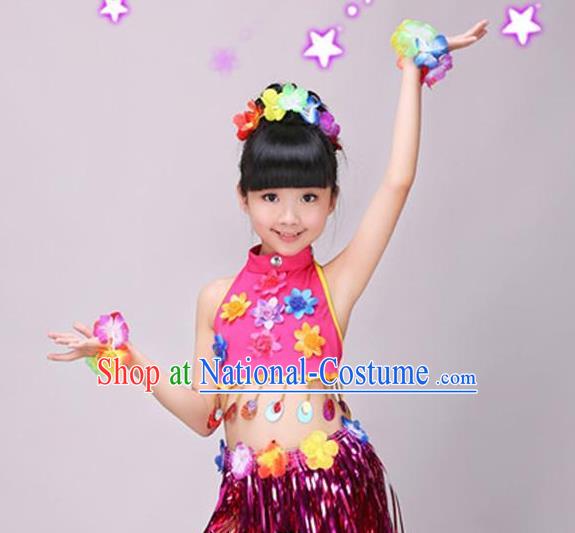 Top Children Day Dance Rosy Outfits Hawaiian Dance Dress Stage Performance Clothing