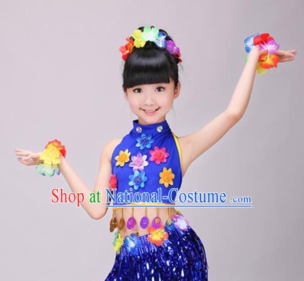 Top Hawaiian Dance Dress Modern Dance Stage Performance Clothing Children Day Dance Royalblue Outfits