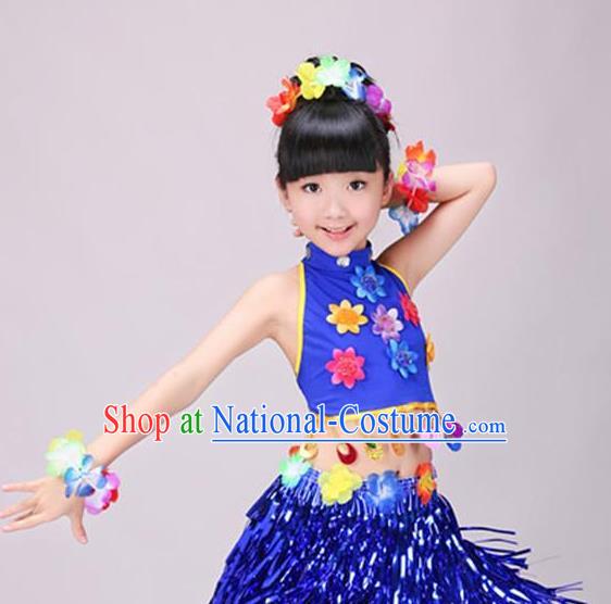 Top Hawaiian Dance Dress Modern Dance Stage Performance Clothing Children Day Dance Royalblue Outfits