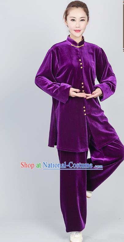 China Kung Fu Training Clothing Tai Chi Performance Costumes Martial Arts Purple Pleuche Uniforms