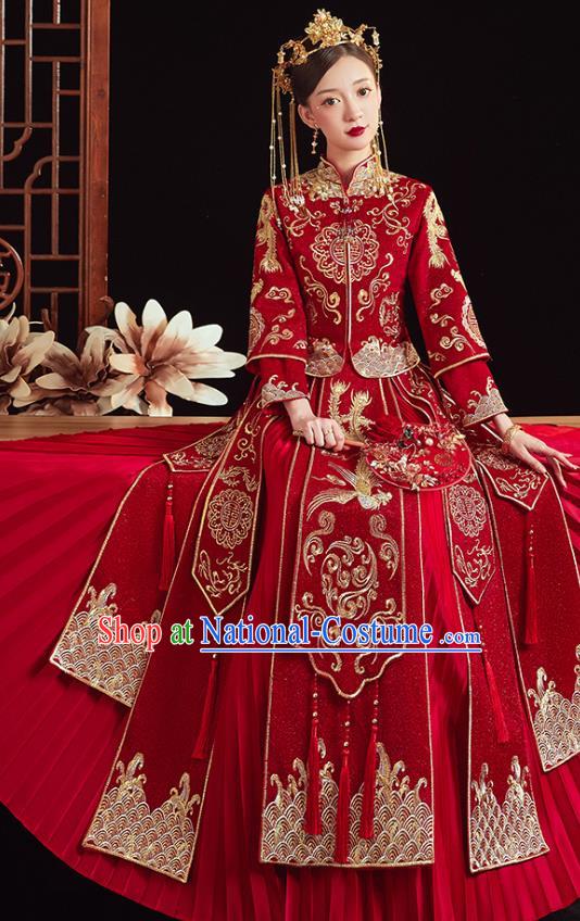 Chinese Traditional Wedding Clothing Bride Embroidered Costumes Classical Xiuhe Suit Red Outfits