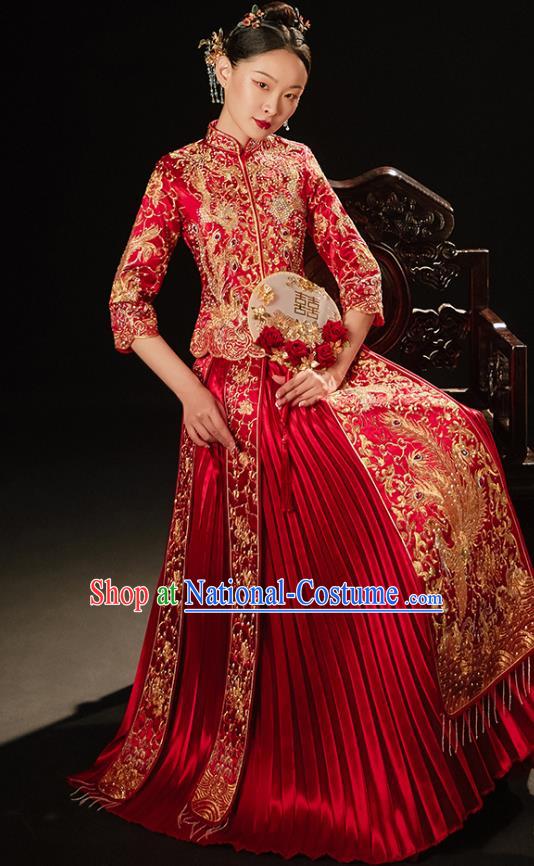 Chinese Bride Embroidered Costumes Classical Xiuhe Suit Red Outfits Traditional Wedding Clothing