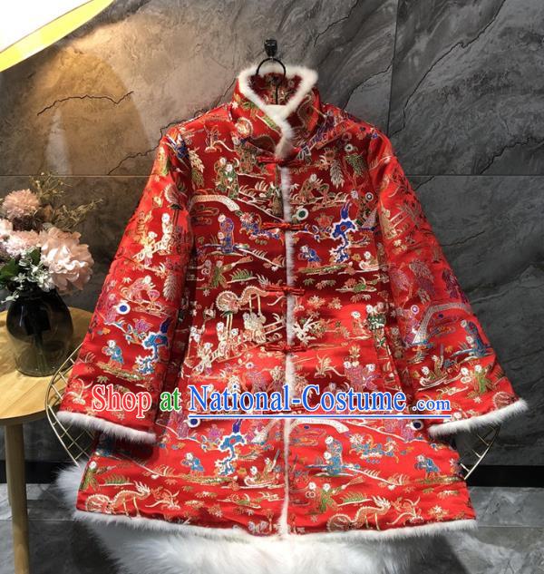 China Winter Woman Red Brocade Cotton Padded Jacket Traditional Tang Suit Outer Garment