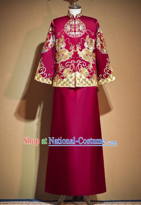 China Classical Bridegroom Costumes Embroidered Red Mandarin Jacket and Long Gown Outfits