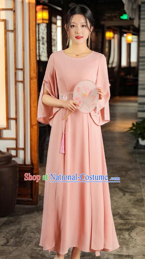 Chinese Traditional Qipao Dress National Embroidered Pink Dress Clothing