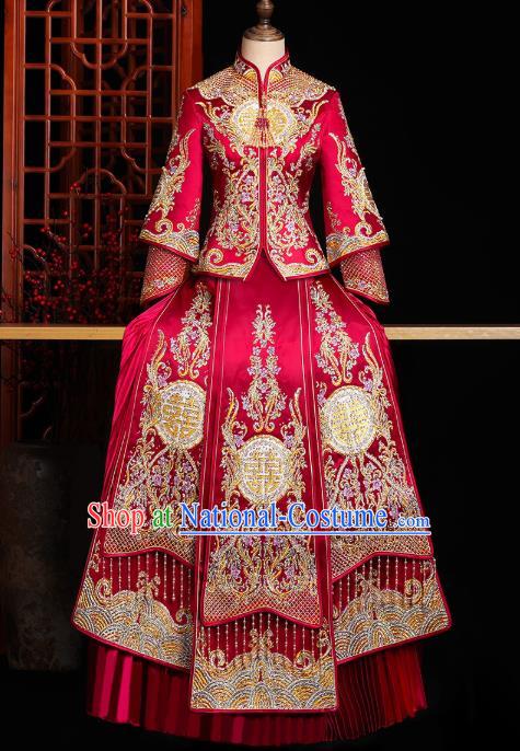 Chinese Traditional Xiuhe Suit Drilling Red Outfits Wedding Embroidered Clothing Classical Bride Toast Costumes