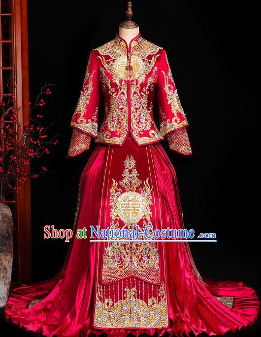 Chinese Traditional Xiuhe Suit Drilling Red Outfits Wedding Embroidered Clothing Classical Bride Toast Costumes