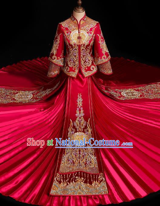 Chinese Traditional Xiuhe Suit Drilling Red Outfits Wedding Embroidered Clothing Classical Bride Toast Costumes