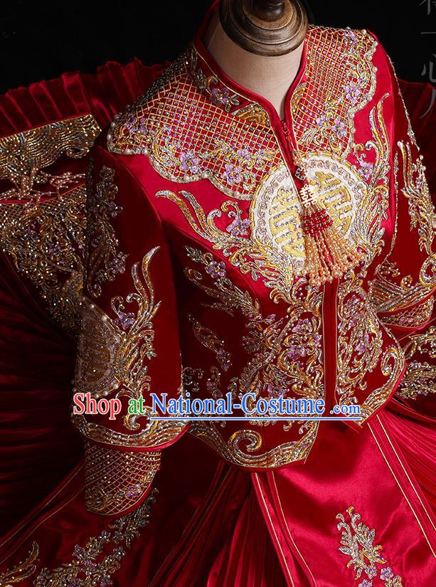 Chinese Traditional Xiuhe Suit Drilling Red Outfits Wedding Embroidered Clothing Classical Bride Toast Costumes