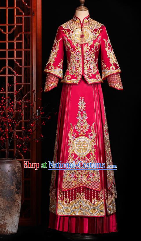 Chinese Traditional Xiuhe Suit Drilling Red Outfits Wedding Embroidered Clothing Classical Bride Toast Costumes