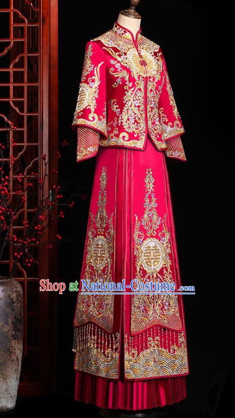 Chinese Traditional Xiuhe Suit Drilling Red Outfits Wedding Embroidered Clothing Classical Bride Toast Costumes