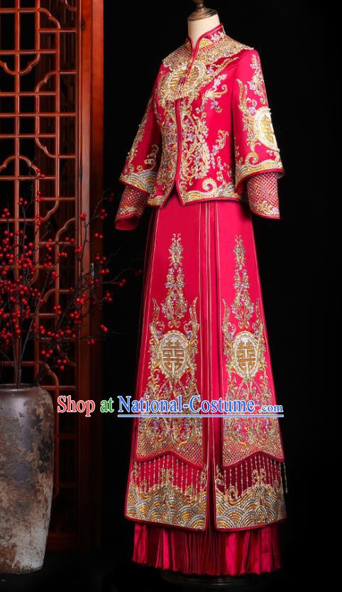 Chinese Traditional Xiuhe Suit Drilling Red Outfits Wedding Embroidered Clothing Classical Bride Toast Costumes