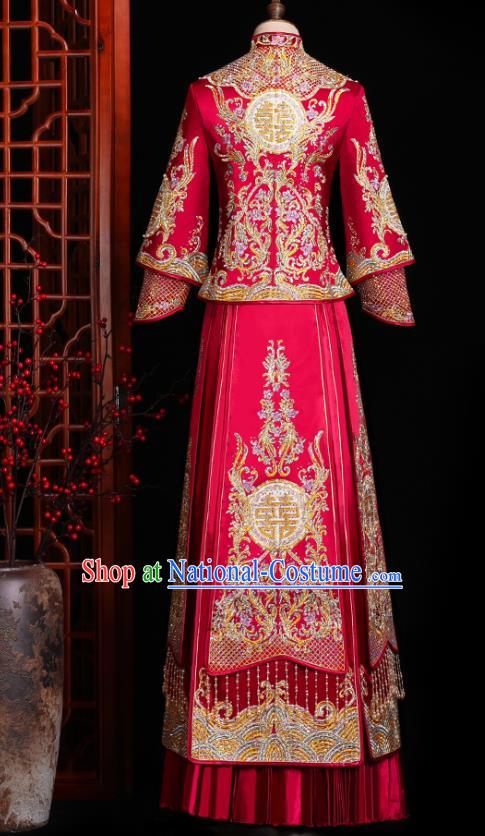 Chinese Traditional Xiuhe Suit Drilling Red Outfits Wedding Embroidered Clothing Classical Bride Toast Costumes