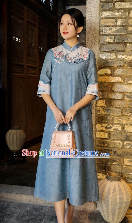 Chinese National Qipao Dress Clothing Traditional Embroidered Blue Cheongsam