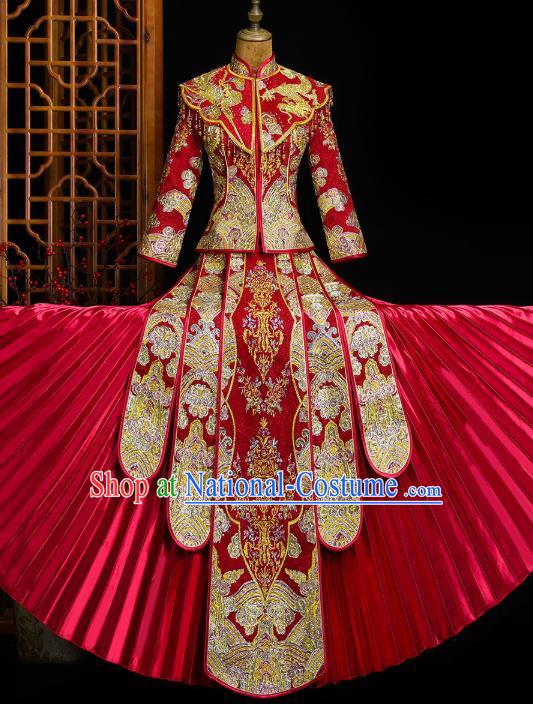 Chinese Classical Bride Toast Costumes Traditional Xiuhe Suit Drilling Red Outfits Wedding Embroidered Clothing