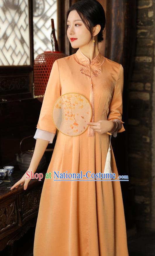 Chinese Traditional Embroidered Orange Cheongsam National Women Zen Clothing Qipao Dress