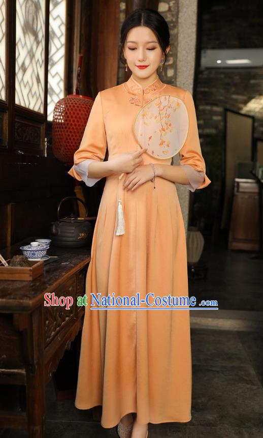 Chinese Traditional Embroidered Orange Cheongsam National Women Zen Clothing Qipao Dress