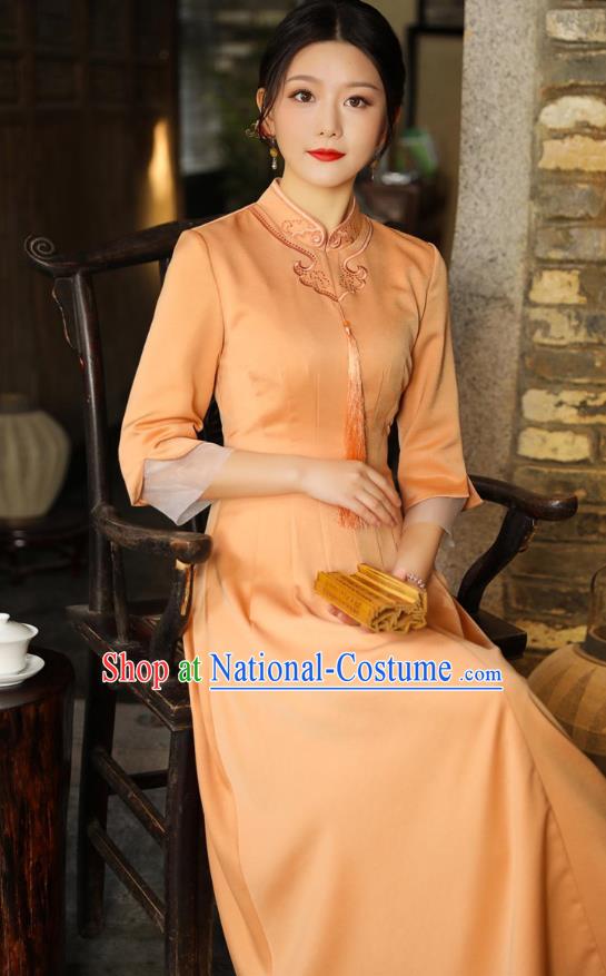 Chinese Traditional Embroidered Orange Cheongsam National Women Zen Clothing Qipao Dress