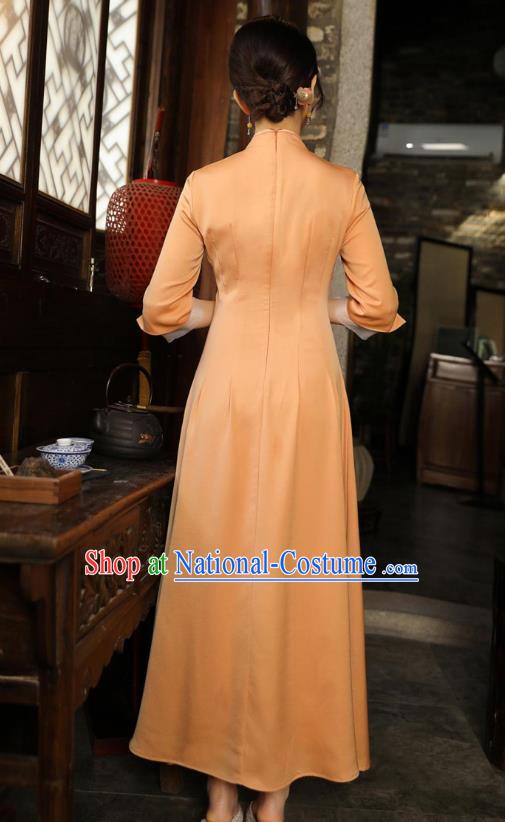 Chinese Traditional Embroidered Orange Cheongsam National Women Zen Clothing Qipao Dress