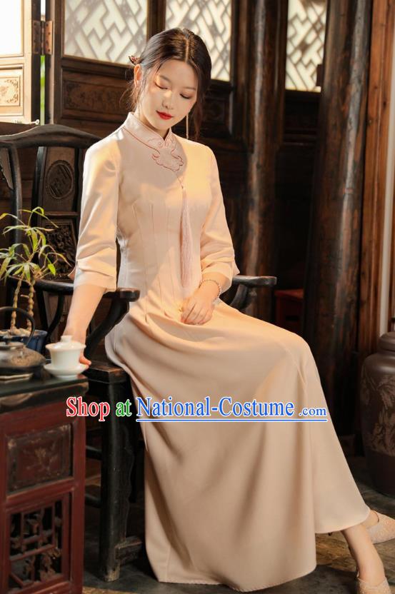 Chinese Apricot Qipao Dress Traditional Embroidered Cheongsam National Women Zen Clothing