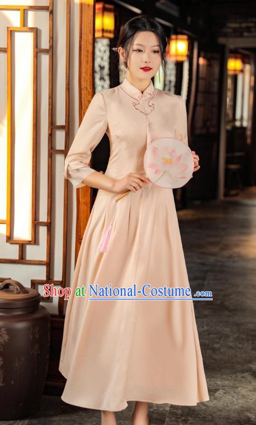 Chinese Apricot Qipao Dress Traditional Embroidered Cheongsam National Women Zen Clothing