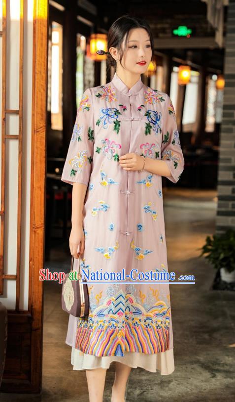 China Woman Embroidered Pink Dust Coat Traditional Tang Suit Outer Garment