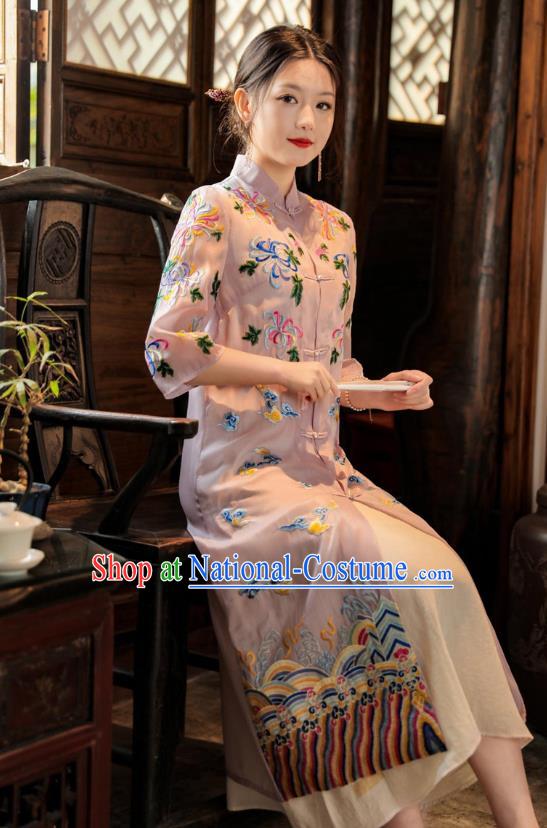 China Woman Embroidered Pink Dust Coat Traditional Tang Suit Outer Garment