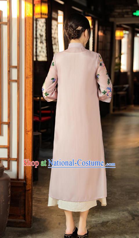 China Woman Embroidered Pink Dust Coat Traditional Tang Suit Outer Garment