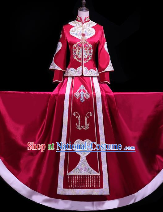 Chinese Bride Toast Embroidered Costumes Traditional Wine Red Xiuhe Suit Wedding Outfits Clothing