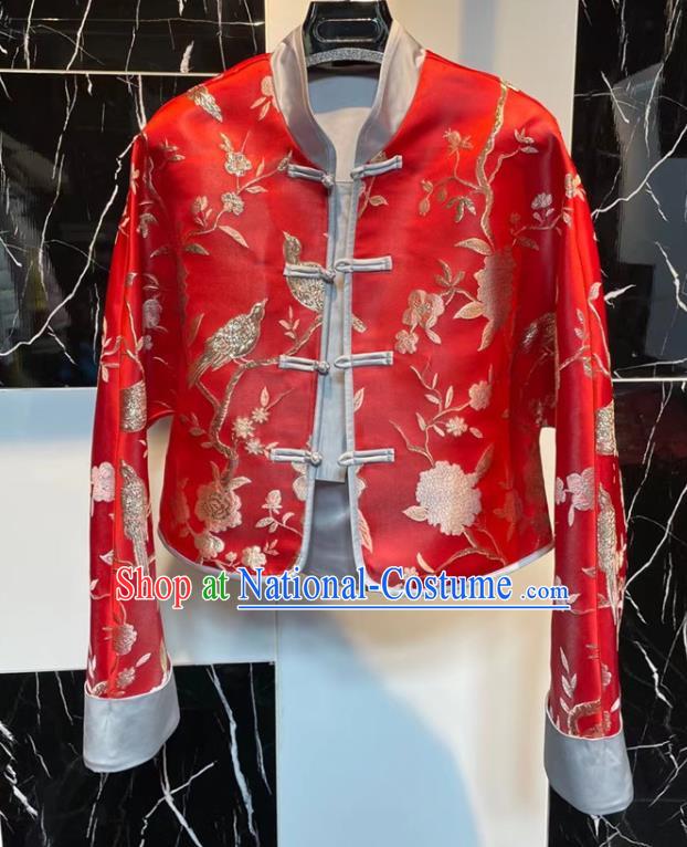 China Traditional Tang Suit Overcoat Woman Embroidered Red Brocade Jacket