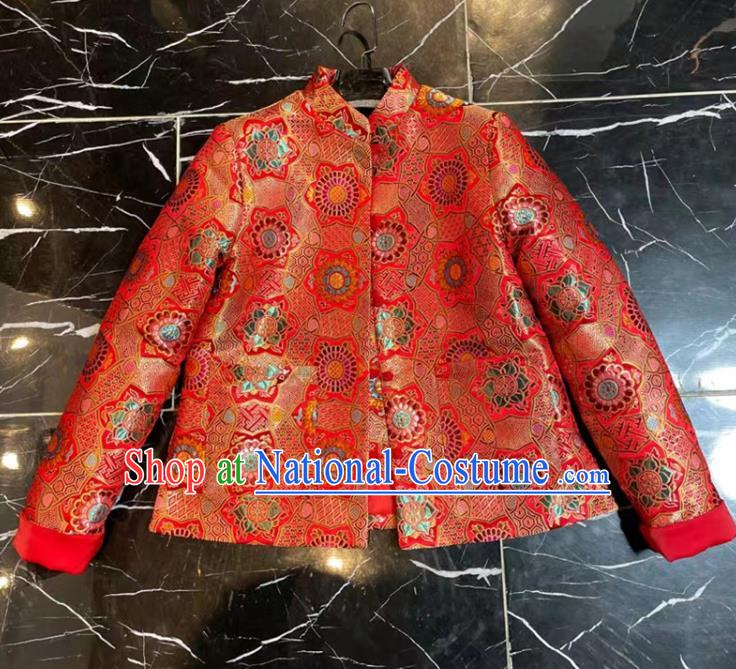 China Woman New Year Red Brocade Jacket Traditional Tang Suit Overcoat