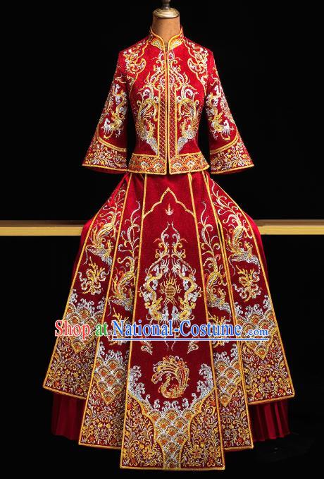 Chinese Wedding Diamante Dragon Phoenix Outfits Clothing Bride Toast Embroidered Costumes Traditional Red Xiuhe Suit