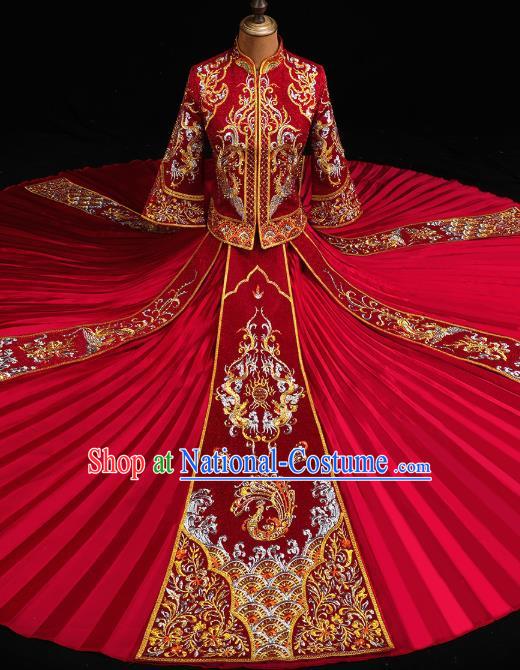 Chinese Wedding Diamante Dragon Phoenix Outfits Clothing Bride Toast Embroidered Costumes Traditional Red Xiuhe Suit