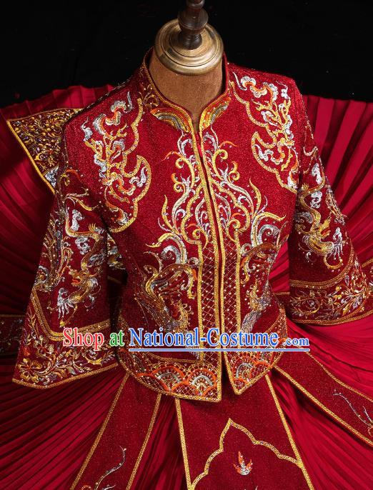 Chinese Wedding Diamante Dragon Phoenix Outfits Clothing Bride Toast Embroidered Costumes Traditional Red Xiuhe Suit