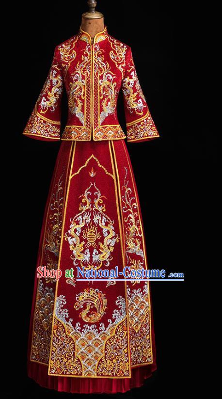 Chinese Wedding Diamante Dragon Phoenix Outfits Clothing Bride Toast Embroidered Costumes Traditional Red Xiuhe Suit