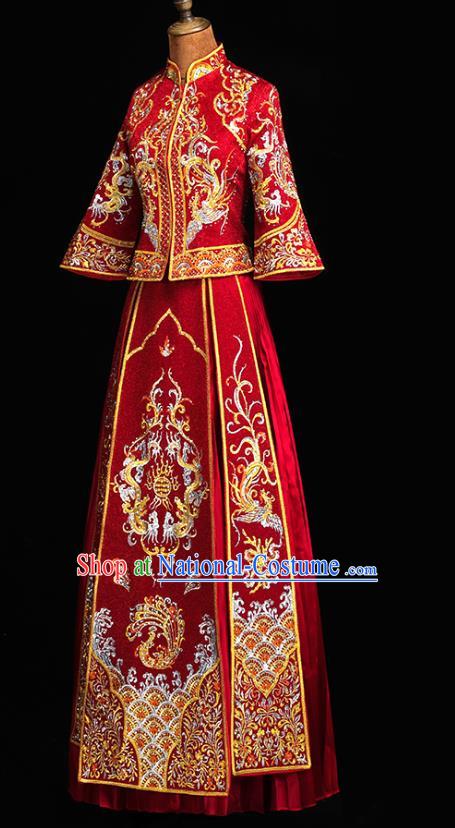 Chinese Wedding Diamante Dragon Phoenix Outfits Clothing Bride Toast Embroidered Costumes Traditional Red Xiuhe Suit