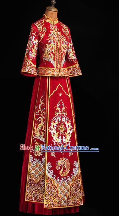 Chinese Wedding Diamante Dragon Phoenix Outfits Clothing Bride Toast Embroidered Costumes Traditional Red Xiuhe Suit