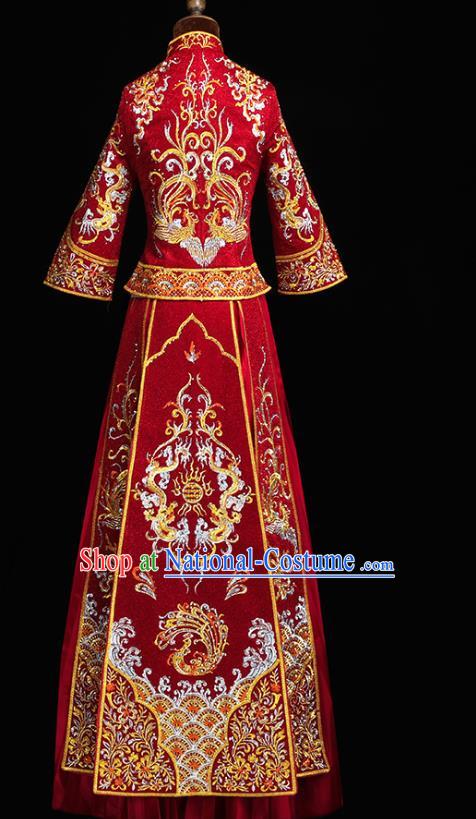 Chinese Wedding Diamante Dragon Phoenix Outfits Clothing Bride Toast Embroidered Costumes Traditional Red Xiuhe Suit