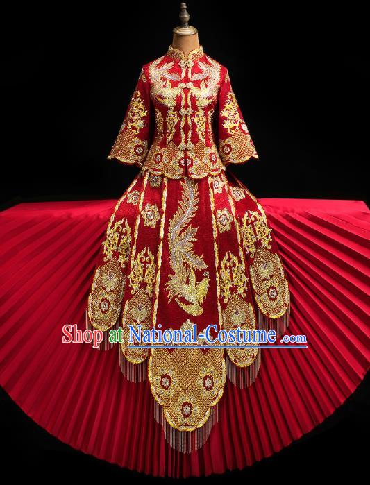 Chinese Traditional Red Xiuhe Suit  Wedding Diamante Golden Phoenix Outfits Clothing Bride Toast Embroidered Costumes